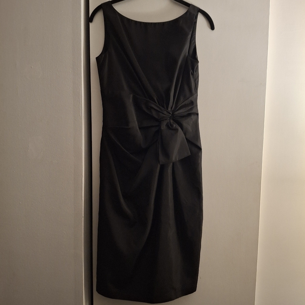 Anne Klein Black Ruched Fake Tie Front Sheath Midi Dress